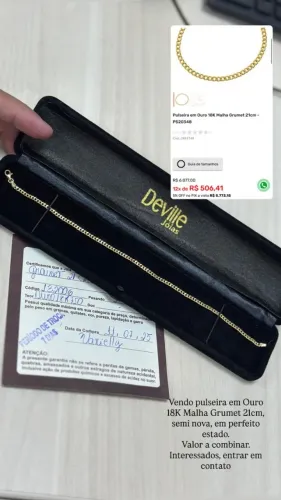 PULSEIRA EM OURO 18K MALHA GRUMET 21 CM - COM O CERTIFIVADO DA DEVILLE