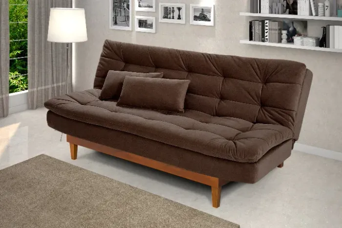 SOFA CAMA PRÁTICO 3 POSIÇÕES PRÁTICO COM MOLAS E BASE E PÉS EM MADEIRA