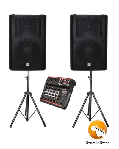 KIT- 2 CAIXAS DE SOM ATIVAS DBR 715-700w RMS + 2 TRIPÉS PARA CAIXA + MESA 6 CANAIS 