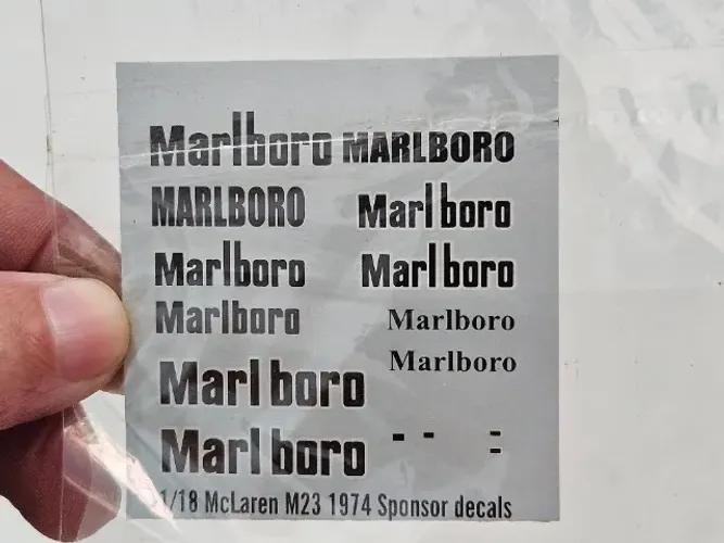 decalques Marlboro para conversão de miniatura Mclaren M23 1974 Escala 1/18 Minichamps