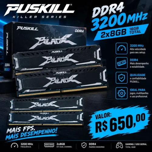 Memória ram Ddr4 2x8 3200 mhz puskill novas