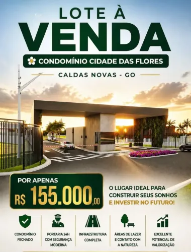 LOTE 250m² NO CONDOMÍNIO CIDADE DAS FLORES CALDAS NOVAS | R$ 155 MIL