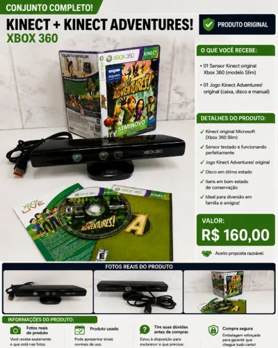 Kinect Xbox 360 Slim + Jogo Kinect Adventures Original