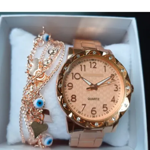 Kit Feminino Relógio Dourado Analógico Aço + Pulseira + Caixinha Presente Elegante
