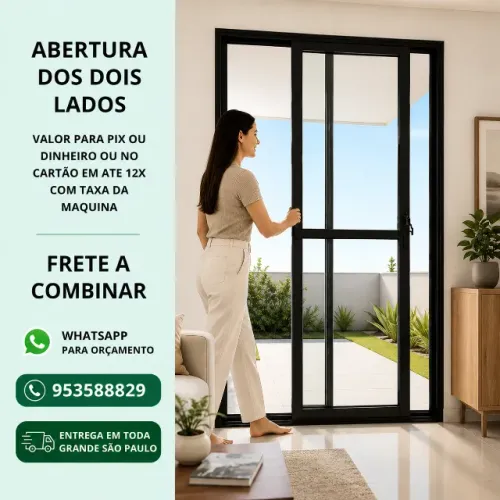 Porta Sacada 2 Folhas Preta Linha Premium 210x120 Abertura dos Dois Lados | Com Fechadura
