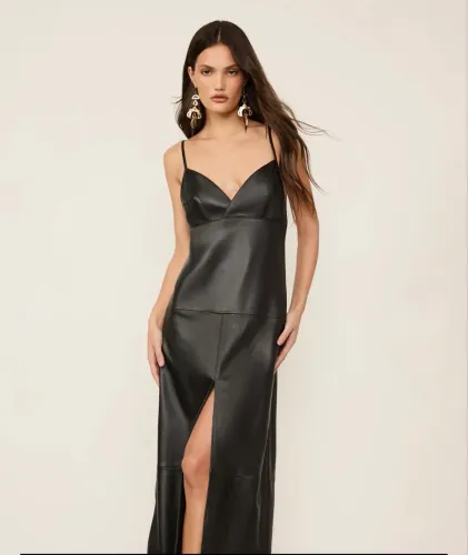 Vestido de couro longo Fenda Máxi