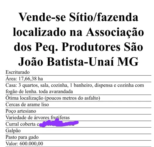 Vendo Sítio 17 hc Unaí - MG "Escriturado" Ac/Ofertas