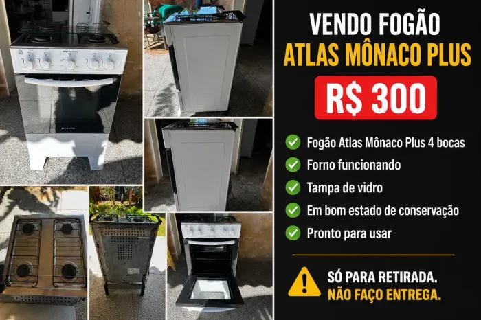 Vende-se fogão Atlas 4 bocas, forno e toda as bocas funcionando perfeitamente.