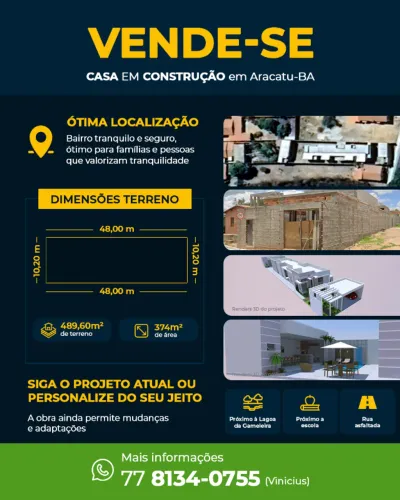 ? VENDE-SE CASA EM CONSTRUÇÃO EM ARACATU-BA | 3 QUARTOS + PISCINA
