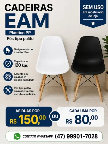 Cadeira EAM - SEM USO - assento plástico e pés tipo palito de madeira