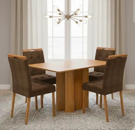 Conjunto de Jantar Compacto 4 Lugares Madeira e Veludo Marrom