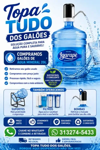 Compramos galões vazios de água mineral 20 litros.