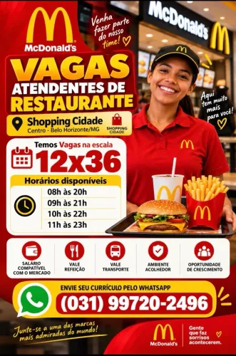 Vaga Atendente McDonald?s - Shopping Cidade BH - Escala 12x36