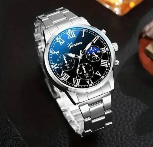 Relógio Masculino Cromado Prata Pointer Geneva Quartzo Aço Inoxidável Fashion