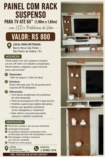 PAINEL COM RACK SUSPENSO com LED e Prateleiras de Vidro