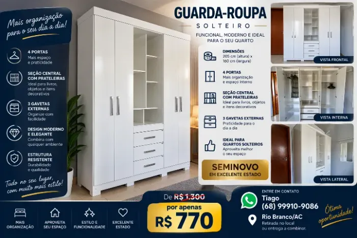 Guarda Roupa branco, solteiro, tamanho 205 cm × 160 cm, 4 portas