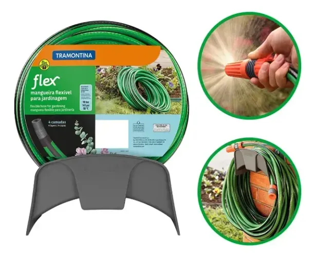 Mangueira Flex Jardim 20m Com Suporte Esguicho Tramontina Cor Verde