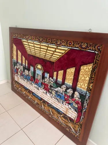 Quadro Grande Última Ceia de tecido tapeçaria e moldura em madeira