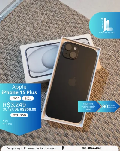 IPHONE 15 PLUS, 5G, 128GB, CHIP FÍSICO, SEMINOVO, EXCLUSIVO!