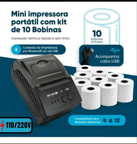 Mini Impressora Termica Usb E Bluetooth Kit C/ 10 Bobinas