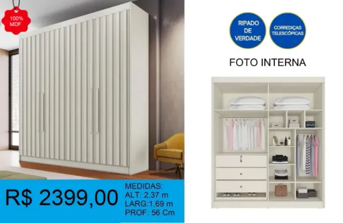 GUARDA- ROUPA - RIPADO DE VERDADE-100% MDF-DISPONIVEL EM 2 CORES- RECEBA EM ATE 72H
