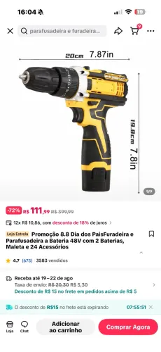 Promoção 8.8 Dia dos PaisFuradeira e Parafusadeira a Bateria 48V com 2 Baterias