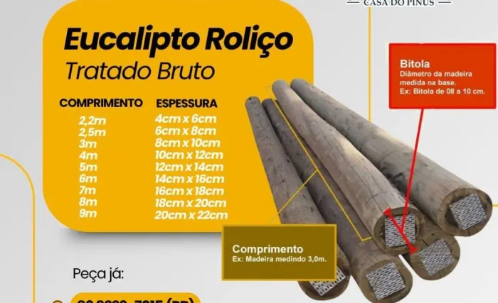 Eucalipto roliço tratado bruto 