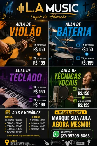 AULAS DE INSTRUMENTOS MUSICIAS: VIOLÃO, BATERIA, TECLADO, TÉCNICAS VOCAIS