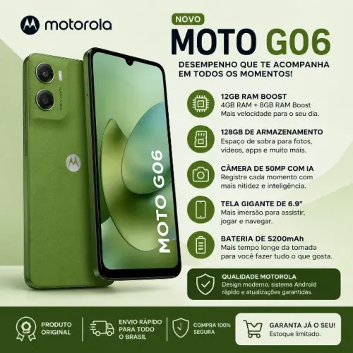 Smartphone Motorola Moto G06 - 128gb 12gb (4gb Ram + 8gb Ram Boost) E Camera 50mp Com Ai B