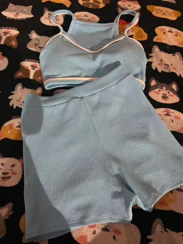 Conjunto Canelado Short e Top Azul Claro com Branco 