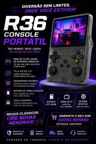 Console Portátil R36S + de 15000 Jogos Vídeo Game 64GB Tela IPS 3.5 Polegadas 