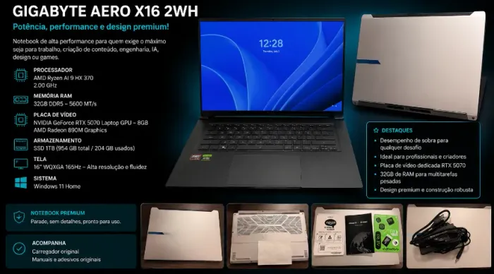 Gigabyte AERO X16 2WH - Ryzen AI 9 HX ? RTX 5070 ? 32GB RAM ? SSD 1TB - Estado de Novo