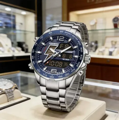 Relógio Masculino FOXBOX FB0034 Original Prata Digital Analógico em Aço