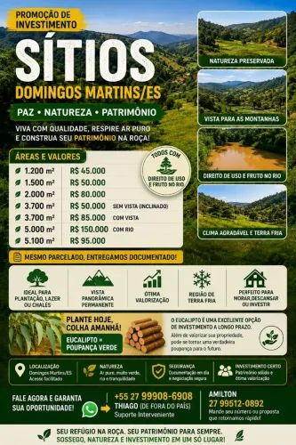 SÍTIOS EM DOMINGOS MARTINS/ES OPORTUNIDADE PARA INVESTIDORES, ENERGIA, ÁGUA, ACEITO OFERTA