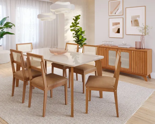 Sala de Jantar Papaia com 06 Cadeiras | Base e Cadeiras em Madeira