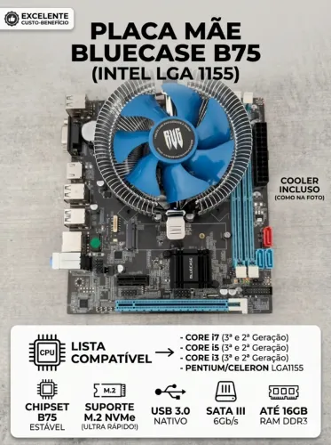 Kit PLACA-MÃE Bluecase BMBB75-G3HGU-M2 REV 2.0 + I5 3570 + 8GB de Memória Ram