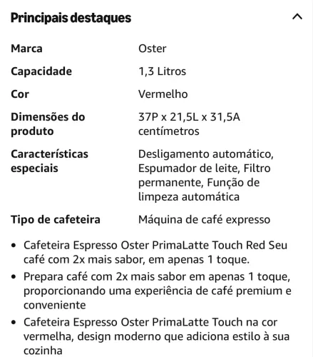Cafeteira Espresso Oster PrimaLatte Touch Red - 127V