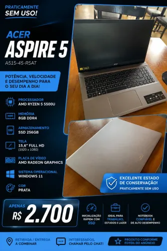 Notebook Acer Aspire 5 Ryzen 5 | 8GB | SSD 256GB | 15,6? | SEMI-NOVO