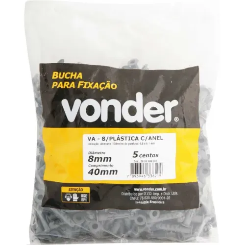 Bucha de plástico para fixação 8 mm, com anel, 500 peças, VA-08, VONDER