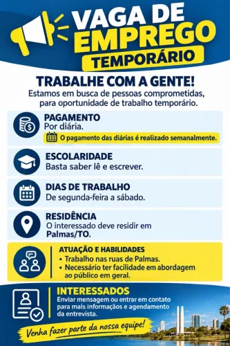 EMPREGO TEMPORÁRIO EM PALMAS/TO