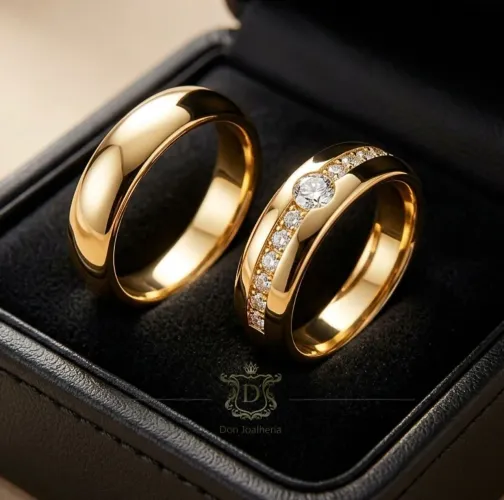 Par de Alianças em Ouro 18K 750 com Diamantes