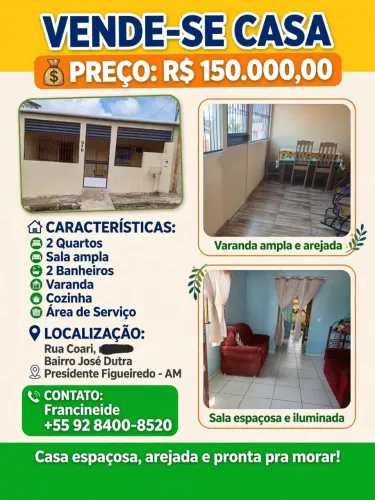 Casa à venda. Localização: sede do município de Presidente Figueiredo.