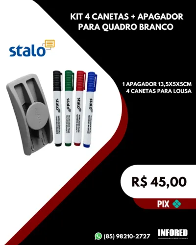 Kit 4 canetas + apagador para quadro branco Stalo