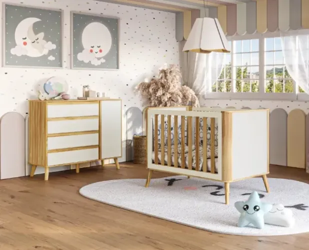 Comoda Theo + Berço Theo 4x1, 100% MDF - Peroba