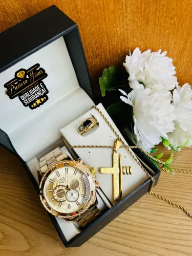 Relógio masculino DHP + cordão de aço banhado a ouro e anel folheado