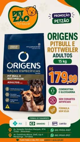Ração Origens pit bull e Rottwailer adultos 15kg