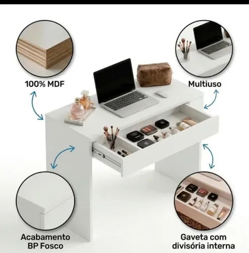 Penteadeira Escrivaninha Multiuso Michele em MDF Nova Branca Salão Sala de Estar Quarto