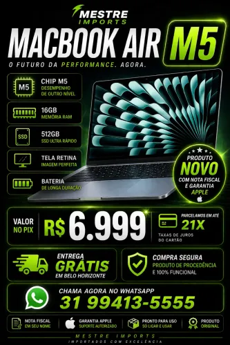 MACBOOK AIR M5 16GB 512GB NOVO COM NOTA FISCAL E GARANTIA APPLE