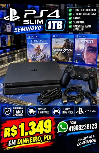 PS4 SLIM 1TB SEMINOVO, 1 CONTROLE, 3 JOGOS MÍDIA FÍSICA, GARANTIA 1 ANO, LOJA
