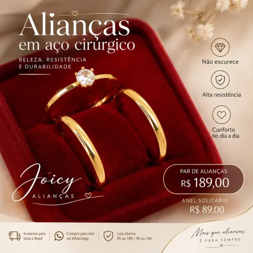 Alianças para noivado em aço cirúrgico banhado a ouro 18K - R$189
